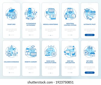 Fourth industrial revolution onboarding mobile app page screen with concepts set. CPS implementation walkthrough 5 steps graphic instructions. UI vector template with RGB color illustrations