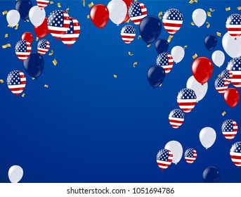 Fourth of July. 4th of July holiday banner, Celebration Banner. National American Greeting. Vector with American flags, balloons, petards, confetti, streamers, hat, vector illustration
