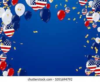 Fourth of July. 4th of July holiday banner, Celebration Banner. National American Greeting. Vector with American flags, balloons, petards, confetti, streamers, hat, vector illustration