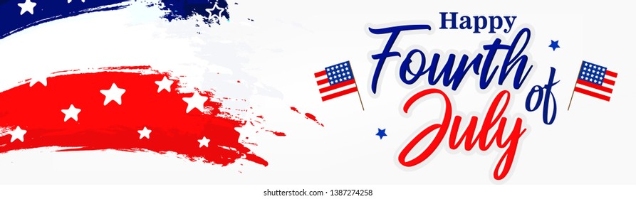 Fourth of July. 4th of July holiday banner. Happy 4th of July USA Independence Day greeting card with waving american national flag and hand lettering text design. Vector illustration. - Vector