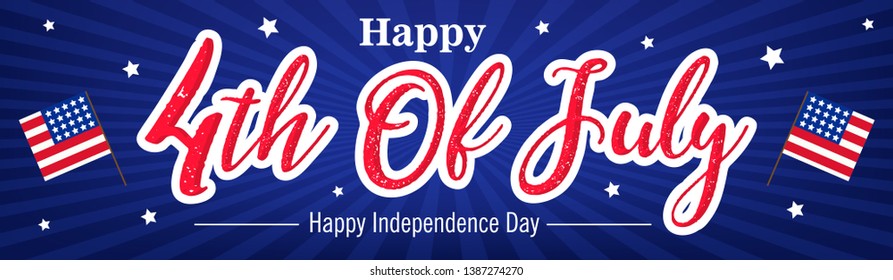 Fourth of July. 4th of July holiday banner. Happy 4th of July USA Independence Day greeting card with waving american national flag and hand lettering text design. Vector illustration. - Vector