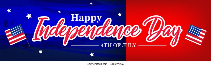 Fourth of July. 4th of July holiday banner. Happy 4th of July USA Independence Day greeting card with waving american national flag and hand lettering text design. Vector illustration. - Vector