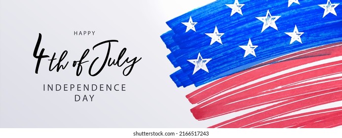 Fourth of July. 4th of July holiday banner. Stylized image of the American flag, drawn by markers. USA Independence Day background for greetings, sale, discount, advertisement, web. Place for text