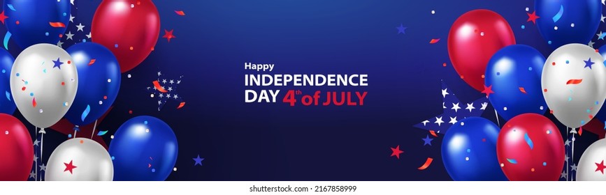 Fourth of July. 4th of July holiday banner, horizontal poster, card or flyer. USA Independence Day design template with 3d helium balloons and star confetti for sale, advertisement, social media, web.