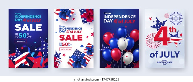 Fourth of July. 4th of July holiday banners, posters, cards or flyers Set. USA Independence Day design template for sale, discount, advertisement, social media, web. Place for your text.