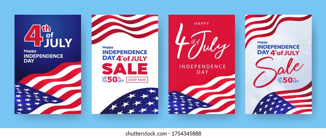 Fourth of July. 4th of July holiday banners, posters, cards or flyers Set. USA Independence Day design template for Sale, discount, advertisement, social media, web. Place for your text.