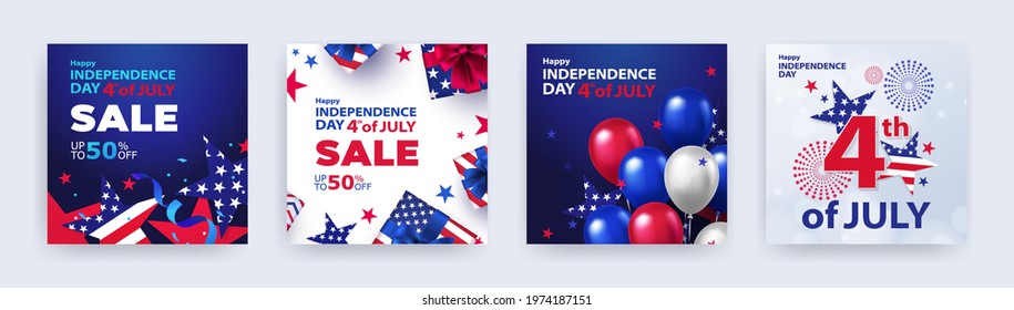 Fourth of July. 4th of July holiday banners, posters, cards or flyers Set. USA Independence Day design template for sale, discount, advertisement, social media, web. Place for your text.