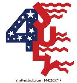 Fourth of July abstract huge typography design with stars and red stripes on a white background