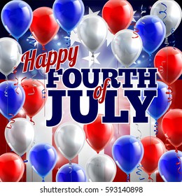 A Fourth of July American flag background with red,white and blue balloons