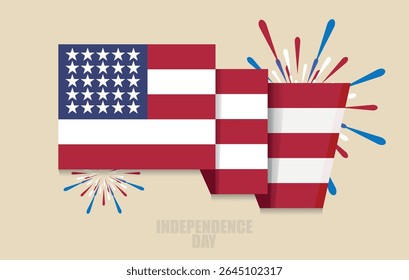 Fourth of July. American Flag with Fireworks for Independence Day Celebration, perfect for July 4th patriotic themes. Editable file