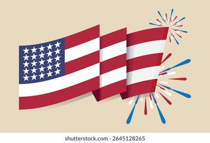 Fourth of July. American Flag with Fireworks for Independence Day Celebration, perfect for July 4th patriotic themes. US Flag Ribbon