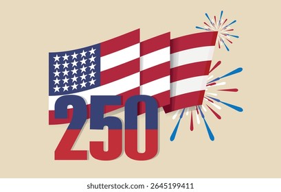 Fourth of July. American Flag with Fireworks for Independence Day Celebration, perfect for July 4th patriotic themes. 250 years of US independence