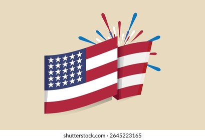 Fourth of July. American Flag with Fireworks for Independence Day Celebration, perfect for July 4th patriotic themes. Editable file