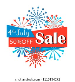 Fourth of July American Independence Day Sale ribbon with fireworks, vector illustration