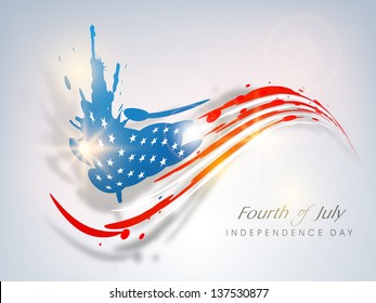 Fourth of July, American Independence Day concept with blue silhouette of Statue of Liberty and flag colors.