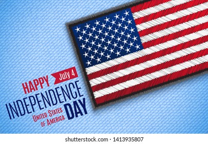 The fourth of July, American Independence Day vector greeting card. USA Flag on jeans fabric. Vector illustration. Digital craft style - embroidery, patch, simulating real fabric.