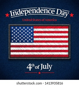 The fourth of July, American Independence Day vector greeting card. USA Flag on jeans fabric. Vector illustration. Digital craft style - embroidery, patch, simulating real fabric.