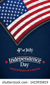 The fourth of July, American Independence Day vector greeting card. USA Flag on jeans fabric. Vector illustration. Digital craft style - embroidery, patch, simulating real fabric.