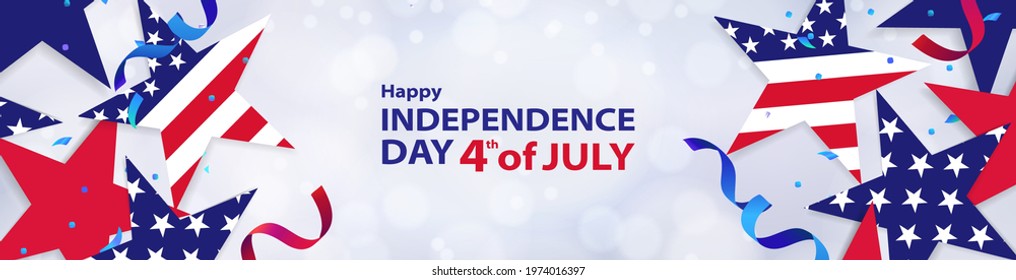 Fourth of July background. 4th of July holiday long horizontal banner, or header for website. USA Independence Day Decoration elements - confetti stars in national colors isolated on background. 