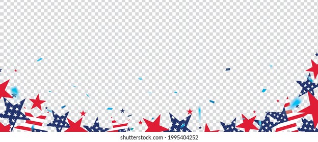 Fourth of July background. 4th of July holiday long horizontal border. USA Independence Day Don transparency background