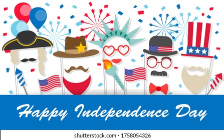 Fourth of July background with booth props, fireworks, flags, balloons, confetti. Statue of liberty, Uncle Sam costumes.Can be used for 4th july Independence Day party invitation, card, flyer, poster
