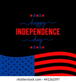 Fourth of July background. Felicitation classic postcard. USA Happy Independence day greeting card. Vector illustration with flag, stars, lettering for congratulation american isolated on black