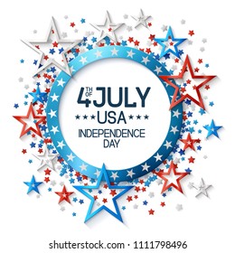 Fourth of july background with frame, on white background and, stars  in american flag colors, design for greeting cards and posters. EPS 10 contains transparency.