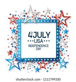 Fourth of july background with frame, on white background and, stars  in american flag colors, design for greeting cards and posters. EPS 10 contains transparency.