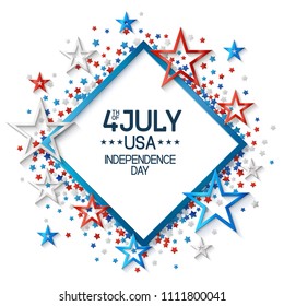 Fourth of july background with frame, on white background and, stars  in american flag colors, design for greeting cards and posters. EPS 10 contains transparency.