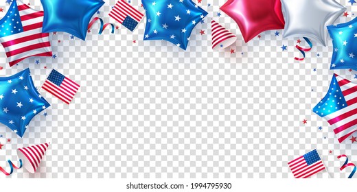 Fourth of July background.USA independence day celebration with American Stars Shaped Balloons and Decoration.4th of July promotion advertising banner template or USA Party Decorations and Brochure