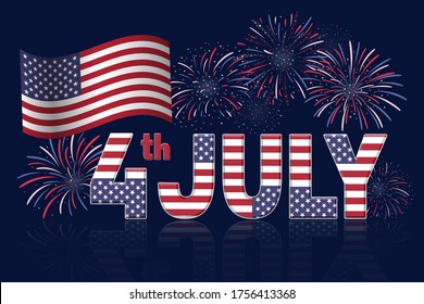 Fourth of July banner. American Independence Day vector illustration. 4th of July typographic design USA. Greeting card and poster design with USA flag with fireworks on dark blue background