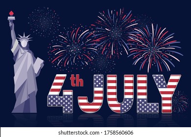 Fourth of July banner. American Independence Day vector illustration. 4th of July typographic design USA. Greeting card and poster design with Statue of Liberty and fireworks on dark blue background