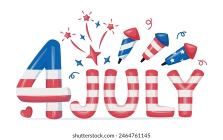 Fourth of July banner. American Independence Day vector illustration. 4 July letters voluminous inflated from balloon. Greeting card and poster design with US flag with fireworks