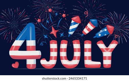 Fourth of July banner. American Independence Day vector illustration. 4 July letters voluminous inflated from balloon. Greeting card and poster design with US flag with fireworks on dark background