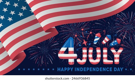 Fourth of July banner. American Independence Day vector illustration. 4 July letters voluminous inflated from balloon. Greeting card and poster design with US flag and fireworks on dark background