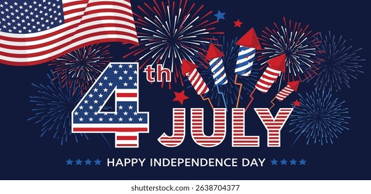 Fourth of July banner. American Independence Day vector illustration. 4 July letters voluminous inflated from balloon. Greeting card and poster design with US flag and fireworks on dark background