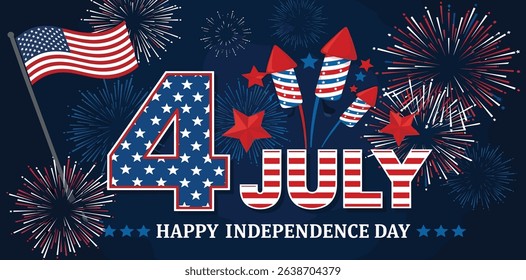 Fourth of July banner. American Independence Day vector illustration. 4 July letters voluminous inflated from balloon. Greeting card and poster design with US flag and fireworks on dark background