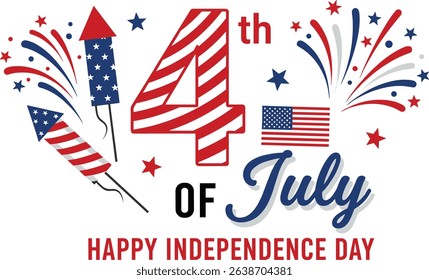 Fourth of July banner. American Independence Day vector illustration. 4 July letters voluminous inflated from balloon. Greeting card and poster design with US flag and fireworks on dark background