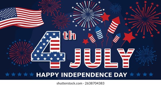 Fourth of July banner. American Independence Day vector illustration. 4 July letters voluminous inflated from balloon. Greeting card and poster design with US flag and fireworks on dark background