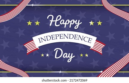 Fourth of July Banner. USA Happy Independence Day typography banner, celebrated on July 4. Blue background with star pattern and gold frame and red and white garlands. Vector Illustration. EPS 10.