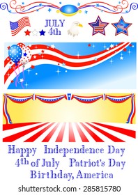 Fourth of July Banners. Patriotic banners celebrate the 4th of July. Red white and blue colors highlight the stars and stripes for Independence Day or Patriot's Day. Happy Birthday, America!