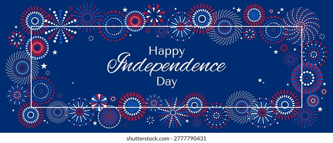 Fourth of July blue, red, white fireworks display illustration on dark background. USA Independence Day, July 4th, United States of America holiday banner, border, frame, design element. Flat vector