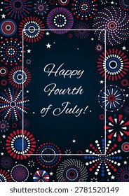 Fourth of July blue, red, white fireworks display illustration on dark background. USA Independence Day, July 4th, United States of America holiday banner, border, frame, design element. Flat vector
