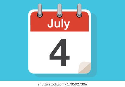 Cuarto del calendario de julio. Símbolo vectorial del icono del calendario. Elemento de diseño para la decoración de documentos de oficina. Día del logotipo de la semana, mes, año - 4 de julio. Diseño de papel americano Día de la Independencia.