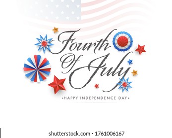 Fourth Of July Calligraphy Written by Black Brush with American Tricolor Paper Cut Flowers, Badge and Stars Decorated on White Background.