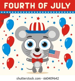 Fourth of july! Cartoon mouse with flag USA and balloons for independence day. Greeting card.