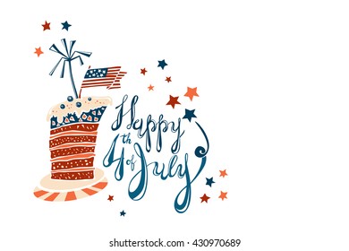 Fourth of July Cartoon Vector Lettering with striped cake