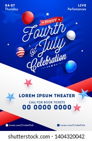 Fourth Of July Celebration Template Or Flyer Design With Balloons, Stars And Venue Details.