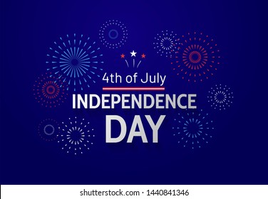 Fourth Of July Celebration In USA. Independence Day Greeting Banner With Text And Fireworks On Blue Background. - Vector