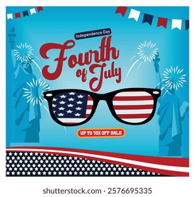 Fourth of July celebrations, featuring fireworks, patriotic designs, and a sale announcement. Flat vector modern illustration 